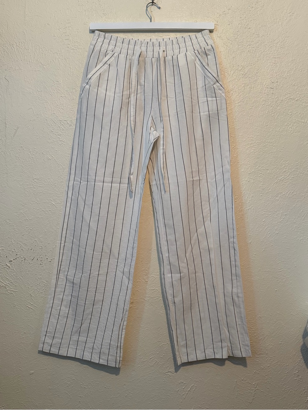 Sienna Sky White with Black Pinstripe Linen-Blend Pants